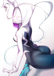 Rule 34 | 1girl, absurdres, animification, arm up, ass, ataruman, ballet slippers, bodysuit, breasts, chromatic aberration, facing viewer, glowing, glowing eyes, gwen stacy, highres, hood, hood up, hooded bodysuit, marvel, mask, medium breasts, simple background, solo, spider-gwen, spider-man: into the spider-verse, spider-man (series), spider-verse, spider web print, split, white background