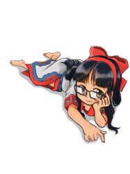 Rule 34 | 1girl, ainu clothes, arm support, black hair, breasts, brown eyes, cleavage, feet, glasses, hair ribbon, highres, legs, long hair, looking at viewer, lying, medium breasts, nakoruru, on stomach, ribbon, samurai spirits, seductive smile, smile, snk, the king of fighters, the pose, thighs