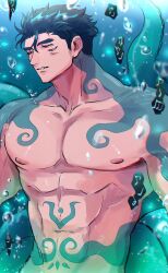 Rule 34 | 1boy, abs, alternate eye color, bara, chest tattoo, doku (hitori ox), expressionless, extra eyes, fish boy, half-closed eyes, highres, large pectorals, looking ahead, male focus, monsterification, muscular, muscular male, navel, nipples, nude, pectorals, protagonist 3 (housamo), red eyes, sideburns, solo, stomach, tattoo, tentacle tattoo, tentacles, thick eyebrows, tokyo houkago summoners, underwater