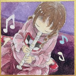 Rule 34 | 1girl, braid, brown hair, closed eyes, commentary, dutch angle, facing viewer, flute, from above, hair over shoulder, highres, holding, holding flute, holding instrument, instrument, koto (patina375887), long hair, long sleeves, madotsuki, music, musical note, on floor, painting (medium), photo-referenced, pink sweater, playing instrument, purple background, raised eyebrows, recorder, red footwear, red skirt, shikishi, shoes, sitting, skirt, solo, sweater, symbol-only commentary, traditional media, turtleneck, turtleneck sweater, twin braids, wariza, watercolor (medium), yume nikki