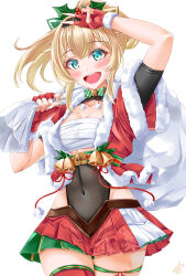 Rule 34 | 1girl, absurdres, aqua eyes, ayakase hotaru, blonde hair, breasts, christmas, cleavage, highres, hololive, kazama iroha, looking at viewer, medium breasts, open mouth, santa costume, simple background, smile, solo, virtual youtuber