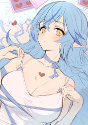 Rule 34 | 1girl, blue hair, blush, breasts, camisole, choker, half updo, haoni, highres, hololive, large breasts, long hair, lying, multicolored hair, on back, parted lips, pointy ears, ribbon choker, sketch, solo, streaked hair, unfinished, upper body, virtual youtuber, yellow eyes, yukihana lamy