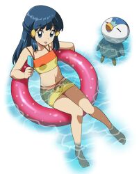 Rule 34 | :p, bare shoulders, barefoot, bikini, bikini skirt, blue eyes, blue hair, breasts, closed eyes, creatures (company), dark blue hair, dawn (pokemon), food, full body, game freak, gen 4 pokemon, hair ornament, hairclip, highres, holding, holding food, holding ice cream, ice cream, innertube, long hair, looking at viewer, lying, multicolored clothes, multicolored swimsuit, navel, nintendo, no headwear, on back, partially submerged, piplup, pokemon, pokemon (anime), pokemon (creature), pokemon dppt (anime), small breasts, soaking feet, suitenan, swim ring, swimsuit, tankini, tongue, tongue out, water, white background