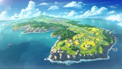 Rule 34 | atelier (series), atelier ryza, atelier ryza 1, bird, boat, cliff, day, from above, highres, island, landscape, no humans, ocean, official art, river, scenery, tree, watercraft