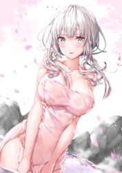 Rule 34 | 1girl, arms at sides, bad id, bad pixiv id, blush, breasts, bright pupils, cleavage, collarbone, covered erect nipples, cowboy shot, drill hair, dutch angle, grey eyes, highres, kyariko, large breasts, long hair, looking at viewer, mole, mole under eye, naked towel, open mouth, original, petals, see-through, silver hair, slit pupils, smile, solo, towel, tsurime, twin drills, wading, wet