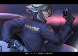 Rule 34 | 1girl, black gloves, blue jacket, blurry, blurry background, breasts, car, clothes writing, commentary request, depth of field, dual wielding, gloves, green eyes, grey hair, gun, hair between eyes, highres, holding, holding gun, holding weapon, jacket, letterboxed, long sleeves, medium breasts, motor vehicle, original, paravene, police, police badge, police car, police uniform, policewoman, profile, puffy long sleeves, puffy sleeves, revolver, shirt, snubnosed revolver, solo, translation request, uniform, weapon, weapon request, white shirt