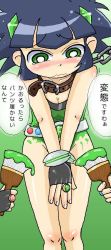 Rule 34 | 00s, 1girl, aliasing, artist request, black hair, blush, bodypaint, breasts, chair, cleavage, collar, covering privates, covering breasts, covering crotch, covering nipples, false clothes, gloves, gradient background, green background, green eyes, hair ornament, hairclip, leash, matsubara kaoru, no panties, nude, oekaki, painted clothes, powered buttercup, powerpuff girls, powerpuff girls z, simple background, solo focus, tears, translation request, v arms