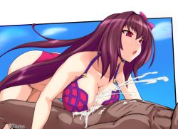 Rule 34 | 1boy, 1girl, :o, all fours, bikini, blue sky, breasts, cleavage, clothed female nude male, cum, cum on body, cum on breasts, cum on upper body, dark-skinned male, dark skin, day, ejaculation, fate/grand order, fate (series), hair between eyes, hair intakes, handsfree paizuri, hetero, isemagu, large breasts, long hair, lying, nude, on back, open mouth, outdoors, paizuri, purple bikini, purple eyes, purple hair, scathach (fate), scathach (fate/grand order), scathach (swimsuit assassin) (fate), sidelocks, sky, solo focus, swimsuit, tsurime, twitter username