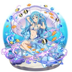 Rule 34 | 1girl, :d, arm up, armlet, asuna (sao-alo), bikini, blue bikini, blue cape, blue eyes, blue hair, breasts, cape, choker, cleavage, collarbone, faux figurine, fish, hair ornament, hands in hair, highres, hydrokinesis, long hair, medium breasts, midriff, navel, official art, open mouth, pointy ears, sitting, smile, solo, sparkle, stomach, swimsuit, sword art online, sword art online: memory defrag, thigh strap, transparent background, underwater, very long hair, waist cape, water, white bikini, wrist cuffs