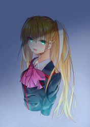 Rule 34 | 1girl, :d, black jacket, blonde hair, blue background, collared shirt, cropped torso, crying, gradient background, green eyes, hair between eyes, hair ribbon, highres, jacket, little busters!, long hair, long sleeves, open mouth, pink neckwear, ribbon, school uniform, shirt, sketch, smile, solo, tears, tokido saya, twintails, upper body, very long hair, white ribbon, white shirt, wing collar, zuzuhashi