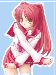 Rule 34 | 00s, 1girl, brown eyes, kousaka tamaki, leaning forward, long hair, looking at viewer, red hair, school uniform, simple background, skirt, solo, t2r, thighhighs, to heart (series), to heart 2, x arms