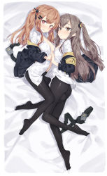 Rule 34 | 2girls, :o, :q, armband, ass, bad id, bad pixiv id, bed sheet, between legs, black pantyhose, blush, breasts, bright pupils, brown eyes, brown hair, collared shirt, dress shirt, from above, full body, girls&#039; frontline, hair ornament, hairclip, highres, holding hands, interlocked fingers, jacket, kokosando, long hair, long sleeves, looking at viewer, looking to the side, lying, multiple girls, naughty face, no bra, no shoes, nose blush, off shoulder, on side, one side up, open clothes, open jacket, open shirt, orange hair, pantyhose, parted lips, red eyes, scar, scar across eye, scar on face, shiny clothes, shirt, siblings, sisters, small breasts, tongue, tongue out, twins, twintails, ump45 (girls&#039; frontline), ump9 (girls&#039; frontline), white shirt, wing collar, yuri