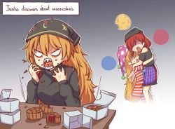 Rule 34 | 3girls, american flag dress, black headwear, black shirt, blonde hair, clownpiece, commentary, dress, eating, english commentary, english text, fairy wings, gradient background, hat, hecatia lapislazuli, jester cap, junko (touhou), long hair, long sleeves, looking at another, moon, mooncake, multicolored clothes, multicolored skirt, multiple girls, no pupils, open mouth, polka dot headwear, purple headwear, red hair, shaded face, sharp teeth, shirt, short hair, short sleeves, skirt, striped clothes, striped dress, sweat, teeth, touhou, v-shaped eyes, wings, wool (miwol)