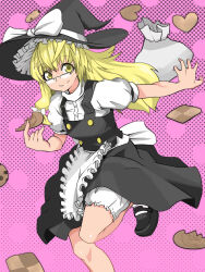 Rule 34 | 1girl, apron, asha, black-framed eyewear, black footwear, black hat, black skirt, black vest, blonde hair, bow, braid, buttons, checkerboard cookie, closed mouth, commentary request, cookie, cookie (touhou), food, foot out of frame, glasses, hair bow, halftone, halftone background, hat, hat bow, heart-shaped cookie, highres, holding, holding food, kirisame marisa, long hair, looking at viewer, mary janes, medium bangs, pink background, puffy short sleeves, puffy sleeves, sack, shirt, shoes, short sleeves, single braid, skirt, skirt set, smile, socks, solo, touhou, turtleneck, turtleneck shirt, uzuki (cookie), vest, waist apron, white apron, white bow, white shirt, white socks, witch hat, yellow eyes