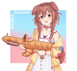 Rule 34 | 1girl, animal ears, baguette, bare shoulders, blue bow, bone hair ornament, bow, braid, bread, breasts, brown eyes, brown hair, character name, cleavage, collar, collarbone, commentary, croissant, dog ears, dog girl, dog tail, doughnut, dress, fang, food, gun, hair between eyes, hair ornament, hair over shoulder, highres, holding, hololive, inugami korone, inugami korone (1st costume), jacket, jacy, long hair, long sleeves, medium breasts, off shoulder, olive, open clothes, open jacket, open mouth, outstretched arms, red bow, red collar, sleeveless, sleeveless dress, solo, symbol-only commentary, tail, trigger discipline, twin braids, two-tone background, upper body, virtual youtuber, weapon, white dress, wristband, yellow jacket