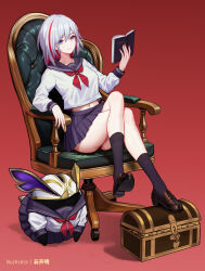 Rule 34 | 1girl, alternate costume, artist name, black skirt, black socks, blue eyes, book, breasts, brown footwear, chair, closed mouth, coin, crop top, crop top overhang, crossed legs, hand up, highres, holding, holding book, holding coin, honkai: star rail, honkai (series), kneehighs, loafers, long sleeves, looking at viewer, medium breasts, midriff, miniskirt, multicolored hair, nail polish, navel, neckerchief, numby (honkai: star rail), office chair, open book, paid reward available, panties, pantyshot, pleated skirt, red background, red nails, sailor collar, school uniform, serafuku, shirt, shoes, short hair, simple background, sitting, skirt, smile, socks, solo, stomach, streaked hair, swivel chair, thighs, topaz (honkai: star rail), treasure chest, trotter (honkai: star rail), underwear, white hair, white shirt, yunkaiming