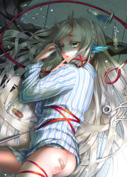 Rule 34 | 1boy, animal ears, ass, bandages, bandaid, bottomless, braid, collared shirt, cowboy shot, finger to mouth, grey eyes, head wings, horns, kokutou mimi, leash, liquid hair, long hair, long sleeves, looking at viewer, lying, male focus, on floor, on side, oni horns, original, pajamas, parted lips, pill, shade, shirt, solo, striped, syringe, tile floor, tiles, trap, vertical stripes, very long hair, white hair, wings