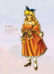 Rule 34 | 1girl, artbook, bare shoulders, blonde hair, bow, brown eyes, calamity jane, character name, collarbone, concept art, detached sleeves, dress, english text, freckles, full body, high heels, jewelry, long hair, long sleeves, looking at viewer, map, neck ring, official art, orange bow, orange dress, puffy long sleeves, puffy sleeves, sash, serious, solo, standing, text focus, very long hair, waist bow, wavy hair, white background, white legwear, wild arms, wild arms 1