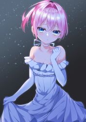 Rule 34 | 1girl, blue eyes, blush, closed mouth, dress, elbow gloves, gloves, hair between eyes, hikobae, kantai collection, looking at viewer, pink hair, ponytail, shiranui (kancolle), short hair, solo, upper body, wedding dress, white dress, white gloves