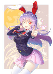 Rule 34 | 1girl, adapted costume, animal ears, arched back, blazer, border, breasts, cowboy shot, falken (yutozin), finger gun, highres, jacket, light purple hair, long hair, necktie, one eye closed, pleated skirt, rabbit ears, red eyes, reisen udongein inaba, skirt, smile, solo, sweater, thighhighs, touhou, white border, white thighhighs, wide hips