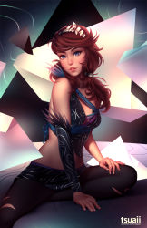 Rule 34 | 1girl, abstract background, bare shoulders, black pantyhose, blue eyes, breasts, brown hair, carolynne, carolynne d&#039;azur, detached sleeves, eyebrows, freckles, hair over shoulder, hairband, lips, long hair, medium breasts, midriff, miniskirt, nail polish, nose, original, pantyhose, single sleeve, single strap, sitting, skirt, solo, torn clothes, torn pantyhose, tsuaii, watermark, web address