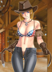 Rule 34 | 1girl, absurdres, american flag bikini, american flag print, bare shoulders, belt, bikini, bikini top only, blonde hair, blue eyes, breasts, brown gloves, cleavage, cowboy hat, cowboy shot, cowboy western, dead or alive, female pubic hair, flag print, gloves, hat, highres, indoors, large breasts, legs, looking at viewer, navel, no panties, pants, parted lips, print bikini, pubic hair, qkat (arikawa-dou), short hair, smile, solo, standing, swimsuit, thighs, tina armstrong