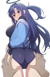 Rule 34 | 1boy, 1girl, ass, ass grab, black shirt, blue archive, blue buruma, blue jacket, blush, breasts, buruma, from behind, grabbing another&#039;s ass, groping, half updo, halo, hetero, highres, jacket, kurowan, long hair, long sleeves, looking at viewer, looking back, medium breasts, parted bangs, ponytail, purple eyes, purple hair, pussy, shirt, sidelocks, simple background, solo focus, spread pussy, spread pussy under clothes, standing, star sticker, sticker on face, thighs, track jacket, yuuka (blue archive), yuuka (track) (blue archive)