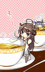 Rule 34 | 10s, 2girls, ahoge, blowing, blue hair, brown eyes, brown hair, chibi, cup, detached sleeves, double bun, closed eyes, hair ornament, hair ribbon, i-19 (kancolle), kantai collection, kongou (kancolle), long hair, multiple girls, nontraditional miko, o3o, partially submerged, ribbon, teacup, teramoto kaoru, translation request, twintails