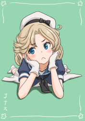 Rule 34 | 1girl, black neckwear, blonde hair, blue eyes, blue sailor collar, character name, commentary request, dress, frown, gloves, green background, hands on own face, hat, head tilt, highres, janus (kancolle), kantai collection, looking to the side, lying, on stomach, parted bangs, sailor collar, sailor dress, sailor hat, short hair, short sleeves, simple background, solo, t2r, white dress, white gloves, white hat