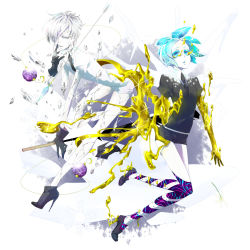 Rule 34 | androgynous, ankle boots, antarcticite, arrow (projectile), black footwear, black neckwear, black shorts, boots, collared shirt, gender request, green hair, high heel boots, high heels, holding, holding sword, holding weapon, houseki no kuni, necktie, phosphophyllite, ruyoh, shards, breaking, shirt, short hair, short sleeves, shorts, grey eyes, spoilers, stiletto heels, sword, uniform, weapon, white hair, white shirt, white shorts