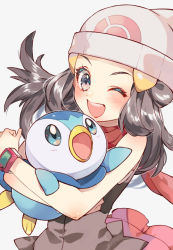 Rule 34 | 1girl, ;d, beanie, blush, commentary, commentary request, creature, creatures (company), dawn (pokemon), eyelashes, floating hair, floating scarf, game freak, gen 4 pokemon, grey eyes, hair ornament, hairclip, hat, holding, holding pokemon, long hair, nintendo, one eye closed, open mouth, piplup, pokemon, pokemon (creature), pokemon dppt, red scarf, sasairebun, scarf, smile, teeth, tongue, upper teeth only, white background, white headwear