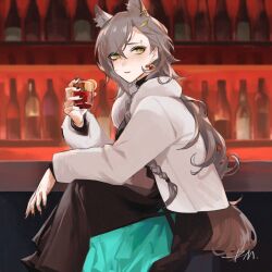 Rule 34 | 1girl, absurdres, alcohol, animal ears, arknights, bar (place), black nails, braid, brown hair, cup, earrings, feet out of frame, highres, holding, holding cup, jacket, jewelry, long hair, long sleeves, messy hair, penance (arknights), penance (occasionally flushed) (arknights), signature, single braid, sitting, skirt, solo, stool, tail, tkmkm75, wolf ears, wolf tail, yellow eyes