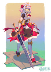 Rule 34 | 1girl, absurdres, armor, bow, breastplate, claymore (sword), closed mouth, cross, dated, dress, endlessdarkness, flower, full body, gauntlets, genshin impact, grass, greatsword, greaves, green eyes, hair flower, hair ornament, high heels, highres, holding, holding weapon, light purple hair, noelle (genshin impact), purple hair, red bow, red flower, red rose, rose, short hair, signature, smile, solo, standing, sword, turtleneck, vambraces, weapon
