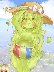Rule 34 | 1girl, ball, beach, beachball, blush, breast rest, breasts, green eyes, green hair, hat, highres, large breasts, looking at viewer, monster girl, no nipples, open mouth, slime girl, solo, sunapua, water