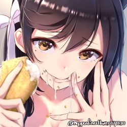 Rule 34 | 1girl, 2017, animal ears, atago (azur lane), azur lane, black hair, blurry, blush, breasts, collarbone, crumbs, dated, depth of field, dog ears, eyebrows, facing viewer, fingernails, food, food on face, hair ribbon, hand on own face, holding, holding food, lips, long hair, looking at viewer, mappaninatta, mole, mole under eye, nude, orange eyes, pastry, pink lips, portrait, ribbon, sexually suggestive, solo, tsurime, twitter username, upper body, white ribbon