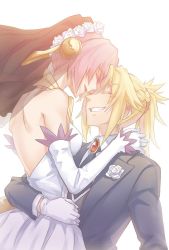 Rule 34 | 2girls, bare shoulders, blonde hair, braid, bridal veil, brooch, detached sleeves, dress, closed eyes, face-to-face, facing another, fate/apocrypha, fate (series), flower, frankenstein&#039;s monster (fate), grin, jewelry, long sleeves, mordred (fate), mordred (fate/apocrypha), mordred (formal dress) (fate), multiple girls, no horns, open mouth, pink hair, ponytail, short hair, smile, strapless, strapless dress, veil, white background, white dress, white flower, wife and wife, yohchi, yuri