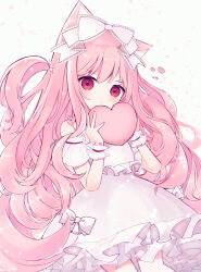 Rule 34 | 1girl, absurdres, animal ears, blush, bow, cat ears, cat girl, dress, dress bow, ear down, frilled dress, frills, future c0v0c, hair bow, heart, heart-shaped pillow, highres, holding, holding pillow, long hair, looking at viewer, original, pillow, pink hair, red eyes, short sleeves, solo, two side up, very long hair, wrist cuffs
