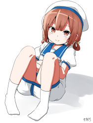 Rule 34 | 1girl, artist name, blush, dress, hat, kaiboukan no.4 (kantai collection), kantai collection, moti coi, one-hour drawing challenge, puffy short sleeves, puffy sleeves, red eyes, red hair, sailor dress, sailor hat, short hair, short sleeves, signature, simple background, smile, socks, solo, twitter username, white background, white dress, white hat, white socks