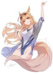 Rule 34 | 1girl, animal ear fluff, animal ears, arknights, arm up, breasts, commentary request, competition swimsuit, eyewear on head, grin, hand up, head tilt, horse girl, jacket, large tail, long hair, looking at viewer, medium breasts, nearl (arknights), nearl (shimmering dew) (arknights), official alternate costume, one-piece swimsuit, open clothes, open jacket, see-through, simple background, smile, solo, sunglasses, swimsuit, swimsuit cover-up, tail, very long hair, white background, white one-piece swimsuit, yingxionglaomao