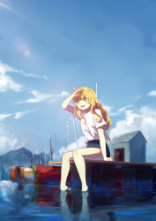 Rule 34 | 1girl, :d, ahoge, arm at side, arm up, blonde hair, blue sky, blush, boat, building, cloud, commentary, commission, crop top, day, food, fruit, gabriel dropout, gabriel tenma white, hair between eyes, long hair, mountainous horizon, ocean, open mouth, outdoors, pear, red eyes, shirt, shirt over swimsuit, sitting, sky, smile, solo, sunlight, tamomoko, wading, water, watercraft, white shirt