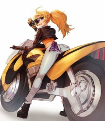 Rule 34 | 1girl, artist request, ass, blonde hair, long hair, looking back, motor vehicle, motorcycle, ponytail, purple eyes, rwby, solo, sunglasses, yang xiao long