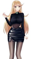 Rule 34 | 1girl, absurdres, black shirt, black skirt, blonde hair, breasts, clothing cutout, earrings, highres, jewelry, langspower, large breasts, leather skirt, long hair, long sleeves, looking at viewer, mythra (xenoblade), necklace, pantyhose, shirt, skirt, solo, standing, star (symbol), star earrings, xenoblade chronicles (series), xenoblade chronicles 2, yellow eyes