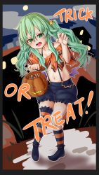 Rule 34 | 1girl, ajidot, asymmetrical legwear, bag, bare shoulders, bat wings, black shorts, blush, breasts, claw pose, cleavage, crop top, date a live, food, full moon, green eyes, green hair, hair between eyes, hair ornament, highres, holding, holding bag, holding food, holding pumpkin, holding vegetable, kneehighs, leaning forward, long hair, looking at viewer, midriff, moon, natsumi (date a live), navel, night, no headwear, open mouth, outdoors, pumpkin, shorts, small breasts, socks, solo, star (symbol), star hair ornament, striped clothes, striped socks, striped thighhighs, suspender shorts, suspenders, sweets, thighhighs, trick or treat, twintails, uneven legwear, vegetable, wings