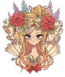 Rule 34 | 1girl, artist name, blonde hair, blue eyes, blue gemstone, bow, closed mouth, cropped shoulders, expressionless, flower, gem, hair flower, hair ornament, jewelry, long hair, looking at viewer, meremero, necklace, original, portrait, purple flower, red bow, red flower, simple background, solo, straight-on, white background, white flower