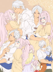 Rule 34 | 1boy, 1girl, 2boys, 2girls, alphen (tales), alternate costume, alternate hairstyle, blue eyes, blush, braid, carrying, child, closed eyes, couple, dark-skinned male, dark skin, family, hair between eyes, hetero, highres, husband and wife, imminent kiss, long hair, looking at viewer, married, multiple boys, multiple girls, multiple views, muscular, muscular male, muturax0, official alternate costume, open mouth, piggyback, pink hair, ponytail, shionne (tales), short hair, sidelocks, smile, tales of (series), tales of arise, toned, very long hair, white hair