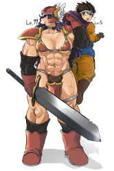 1boy 1girl abs absurdres armor arumi_hii biceps bikini_armor boots breasts cape cape_grab clothes_grab dragon_quest dragon_quest_iii gloves greatsword helmet hero_(dq3) highres holding holding_sword holding_weapon lifting_person looking_to_the_side muscular muscular_female pelvic_curtain purple_hair warrior_(dq3) sword tall_female weapon winged_helmet