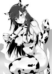 Rule 34 | 1girl, absurdres, animal ears, animal print, bad id, bad pixiv id, bell, blush, breasts, clenched hands, collar, cow ears, cow print, cow tail, dawalixi, elbow gloves, fake animal ears, final fantasy, final fantasy vii, gloves, greyscale, highres, kneeling, large breasts, leotard, long hair, looking at viewer, monochrome, neck bell, simple background, solo focus, tail, thighhighs, tifa lockhart, white background