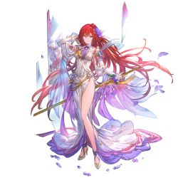Rule 34 | 1girl, alexiel (noble triteleia) (granblue fantasy), blue eyes, breasts, breasts apart, choker, dress, elbow gloves, floating hair, flower, full body, gloves, godsworn alexiel, granblue fantasy, hair flower, hair ornament, hand up, high heels, holding, holding sword, holding weapon, long dress, long hair, looking at viewer, medium breasts, official alternate costume, official art, petals, red hair, reflection, shawl, sleeveless, sleeveless dress, smile, solo, standing, sword, teeth, transparent background, weapon, white dress, white footwear, white gloves