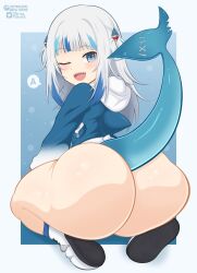 Rule 34 | 1girl, a (phrase), artist name, ass, blue eyes, blue hair, blue hoodie, blunt bangs, blush, bottomless, deviltokyo, fins, fish tail, from behind, gawr gura, gawr gura (1st costume), highres, hololive, hololive english, holomyth, hood, hoodie, huge ass, kneeling, long hair, long sleeves, looking at viewer, looking back, multicolored hair, one eye closed, shark girl, shark tail, sharp teeth, shoes, solo, tail, teeth, thick thighs, thighs, virtual youtuber, white hair, wide hips, wink