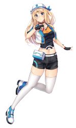 Rule 34 | 1girl, absurdres, amagi korona, bag, belt, black choker, black gloves, black shirt, black shorts, blonde hair, blue eyes, blue jacket, blush, choker, closed mouth, collarbone, commentary request, creatures (company), cropped jacket, fanny pack, fingerless gloves, frown, full body, game freak, gloves, green eyes, hair ornament, hairclip, hand up, highres, holding, holding poke ball, jacket, long hair, looking at viewer, midriff, navel, nintendo, open clothes, open jacket, original, poke ball, poke ball (basic), pokemon, shirt, shoes, short sleeves, shorts, simple background, sneakers, solo, split mouth, thighhighs, v-neck, vest, visor cap, white background, white belt, white thighhighs, x hair ornament